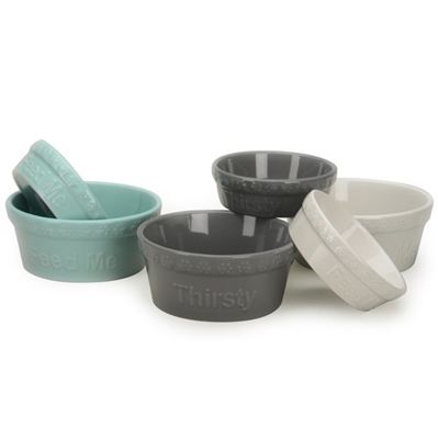 Gray "Thirsty" Embossed Pet Bowls