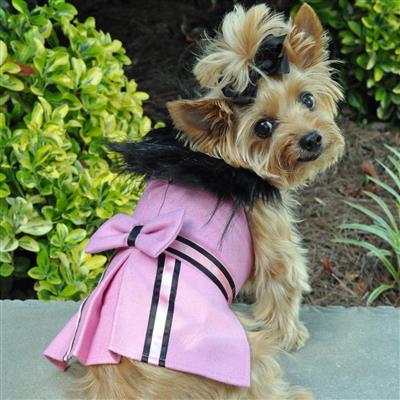 Designer Pink Wool Blend Classic Dog Coat Harness and Fur Collar with Matching Leash