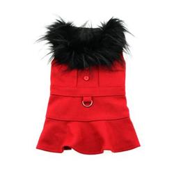 Designer Red Wool Blend Classic Dog Coat Harness and Fur Collar with Matching Leash