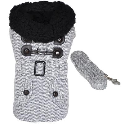 Designer Grey Herringbone Dog Harness Coat with Matching Leash