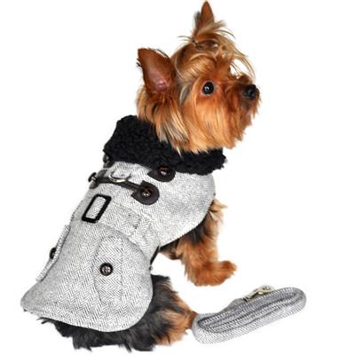Designer Grey Herringbone Dog Harness Coat with Matching Leash