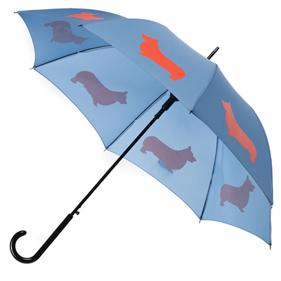 Welsh Corgi Umbrella Flame Red/Orange on Niagara Blue w/ sleeve and shoulder strap