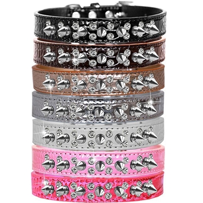 Double Crystal and Spike Croc Dog Collar