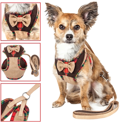 Pet Life�� LUXE 'Dapperbone' 2-in-1 Brown Mesh Reversed Adjustable Dog Harness-Leash w/ Fashion Bowtie