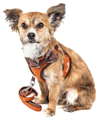 Pet Life LUXE 'Pawsh' 2-in-1 Tangerine Mesh Reversed Adjustable Dog Harness-Leash w/ Fashion Bowtie