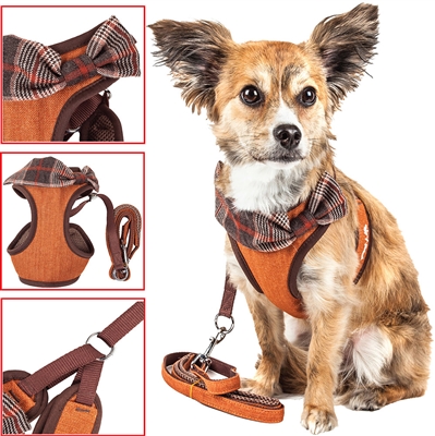 Pet Life LUXE 'Pawsh' 2-in-1 Tangerine Mesh Reversed Adjustable Dog Harness-Leash w/ Fashion Bowtie