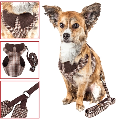 Pet Life�� LUXE 'Houndsome' 2-in-1 Brown Mesh Reversible Plaid Collared Adjustable Dog Harness-Leash