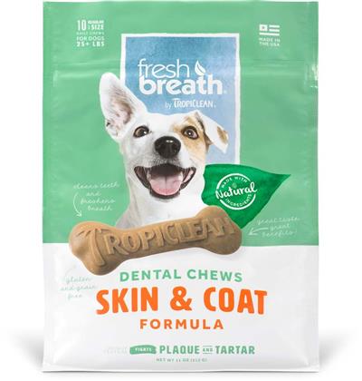 FRESH BREATH BY TROPICLEAN DENTAL CHEW SKIN & COAT DOG TREAT 25+LBS REGULAR 10PC