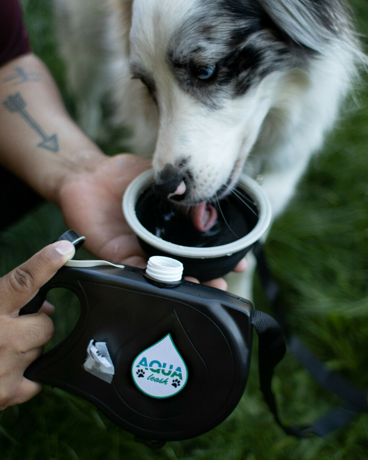 Water Bottle Dog Leash RED, builtin water bottle, collapsible bowl and waste bag dispenser