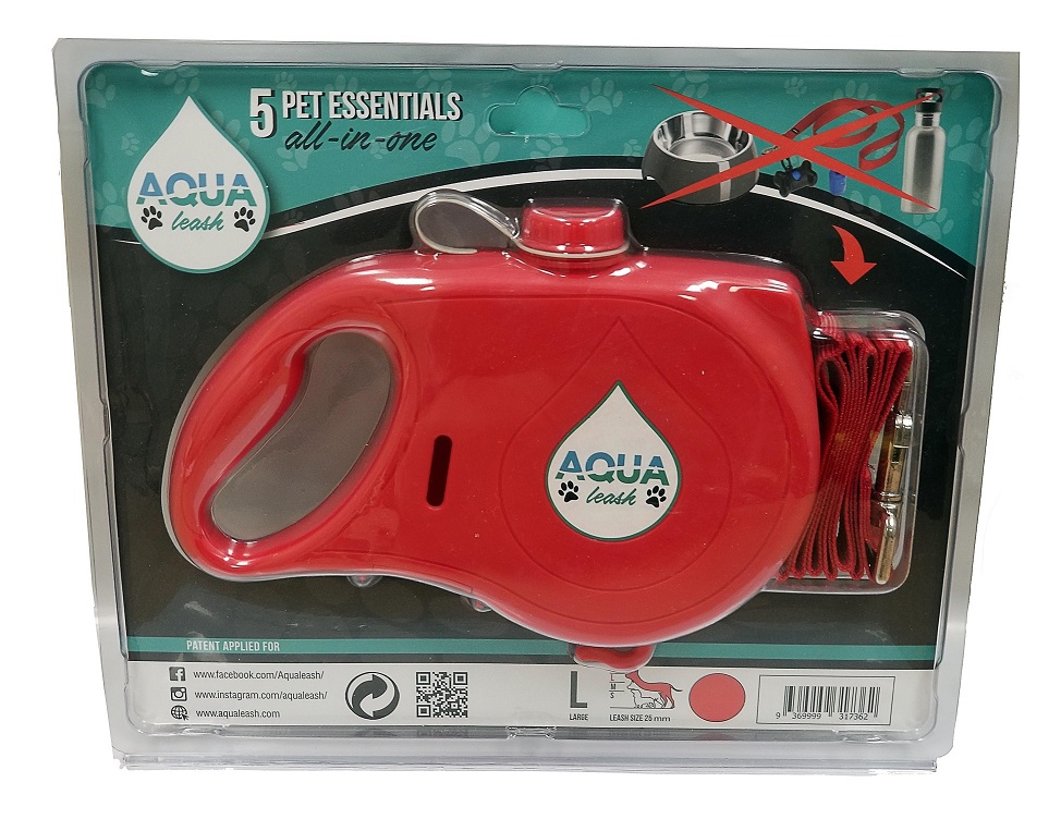 Water Bottle Dog Leash RED, builtin water bottle, collapsible bowl