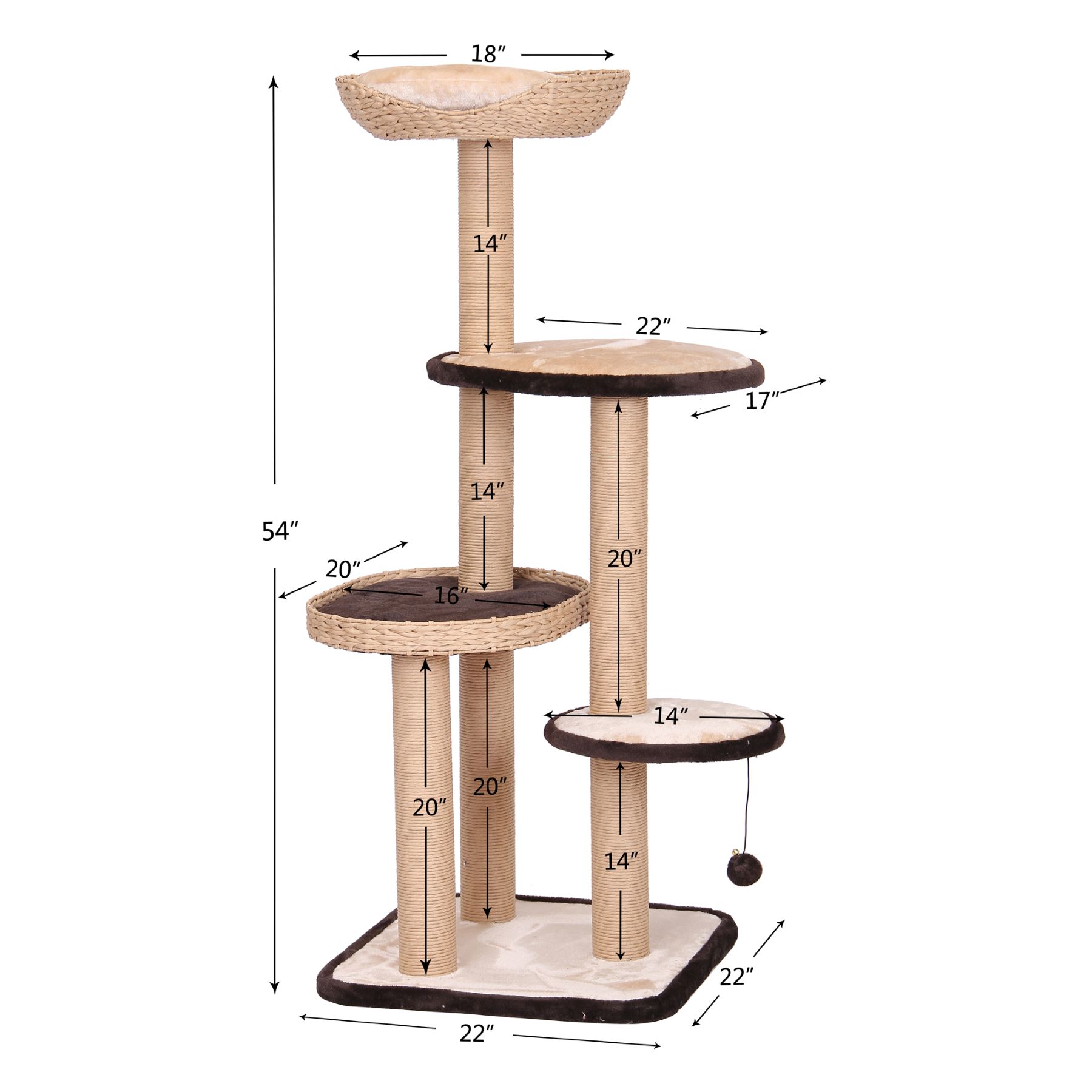 Petpals, Treehouse 54” 4level Crème Cat Tree with Sisal Scratch Posts