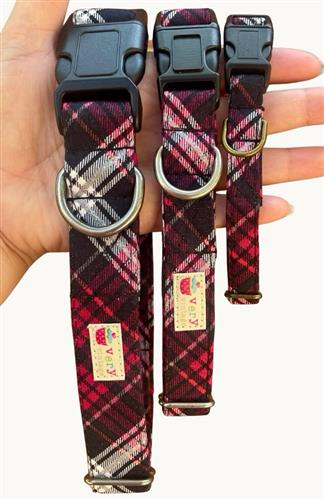 Tartan Trails – Red & Black Plaid Dog Collar | Handmade Organic Cotton Collar | Adjustable Dog Collar | Classic Plaid Dog Collars & Leashes