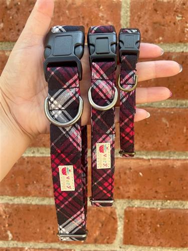 Tartan Trails – Red & Black Plaid Dog Collar | Handmade Organic Cotton Collar | Adjustable Dog Collar | Classic Plaid Dog Collars & Leashes