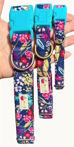 Wanderlust – Navy Wildflower Dog Collar | Handmade Organic Cotton Collar | Adjustable Dog Collar | Floral Adventure Dog Collars & Leashes