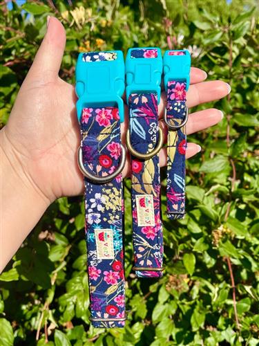 Wanderlust – Navy Wildflower Dog Collar | Handmade Organic Cotton Collar | Adjustable Dog Collar | Floral Adventure Dog Collars & Leashes