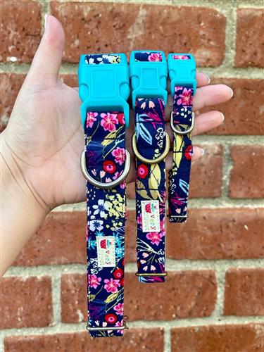 Wanderlust – Navy Wildflower Dog Collar | Handmade Organic Cotton Collar | Adjustable Dog Collar | Floral Adventure Dog Collars & Leashes