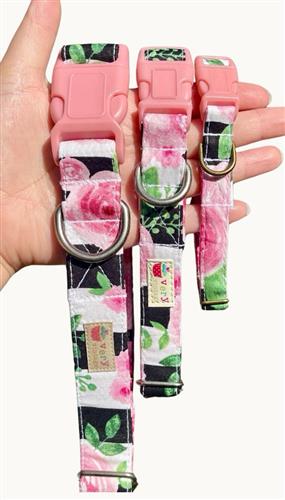Rosie – Black White Striped Rose Flower Dog Collar | Floral Cat Collar  | Handmade Organic Cotton Dog & Cat Pet Collars & Leashes