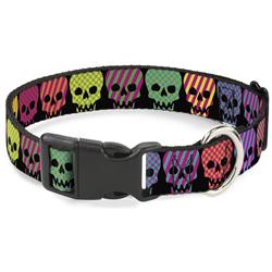 Plastic Clip Collar - Checker & Stripe Skulls Black/Multi Neon