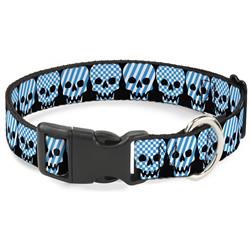 Plastic Clip Collar - Checker & Stripe Skulls Black/White/Baby Blue