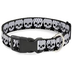 Plastic Clip Collar - Checker & Stripe Skulls Black/White/Gray