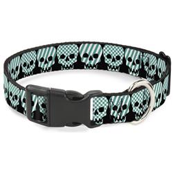 Plastic Clip Collar - Checker & Stripe Skulls Black/White/Green