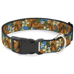 Plastic Clip Collar - Hibiscus Collage Blue/Orange/Yellow