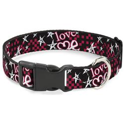 Plastic Clip Collar - Love Me w/Sketch Stars & Checkers Black/Fuchsia/White