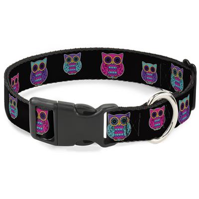 Plastic Clip Collar - Owls Black/Fuchsia/Purple/Turquoise