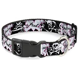 Plastic Clip Collar - Punk Princess Heart & Cross Bones w/Skulls & Splatter Black/White