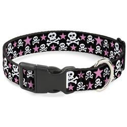 Plastic Clip Collar - Skulls & Stars Black/White/Pink