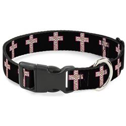 Plastic Clip Collar - Cross Repeat Black/Leopard Brown/Pink Outline