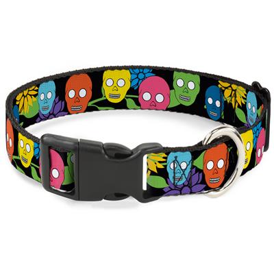 Plastic Clip Collar - Skulls & Flowers Black/Multi Color