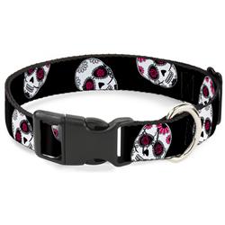 Plastic Clip Collar - Staggered Sugar Skulls Black/White/Pink
