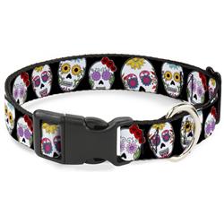 Plastic Clip Collar - Staggered Sugar Skulls CLOSE-UP Black/Multi Color