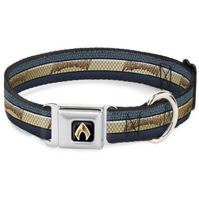 Aquaman 2017 Icon Black/Golds Seatbelt Buckle Collar - AQUAMAN Scales Stripe Blues/Golds