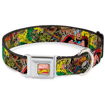 Marvel Comics Seatbelt Buckle Collar - Thor & Loki Poses/Retro Comic Books Stacked