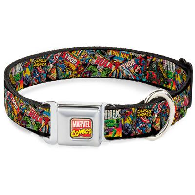 Marvel Comics Seatbelt Buckle Collar - Retro Marvel Comic Books Stacked CLOSE-UP