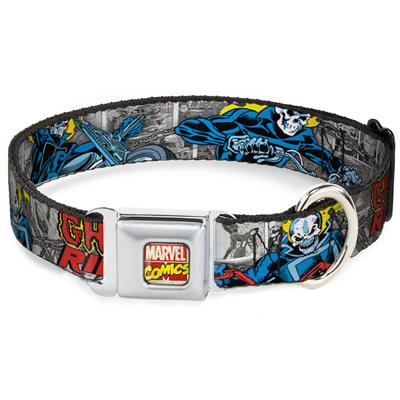 Marvel Comics Logo Full Color Seatbelt Buckle Collar - Classic GHOST RIDER 3-Riding Poses/Comic Blocks Grays/Yellow/Black/Red