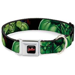 MARVEL AVENGERS Logo Full Color Black/Red/White Seatbelt Buckle Collar - Marvel Hulk CLOSE-UP Poses