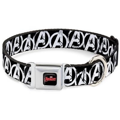 MARVEL AVENGERS Logo Full Color Black/Red/White Seatbelt Buckle Collar - Avengers "A" Logo Weathered Black/White