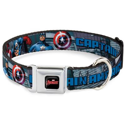 MARVEL AVENGERS Logo Full Color Black/Red/White Seatbelt Buckle Collar - CAPTAIN AMERICA w/Avengers Logo Cityscape