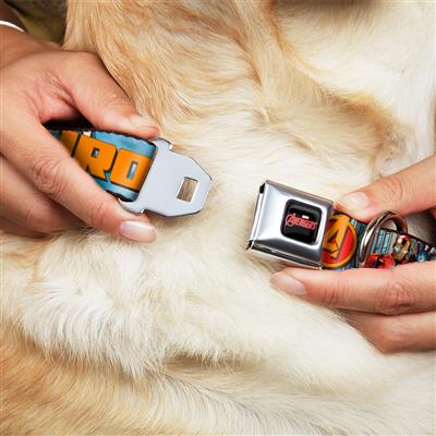 MARVEL AVENGERS Logo Full Color Black/Red/White Seatbelt Buckle Collar - IRON MAN w/Avengers Logo Cityscape