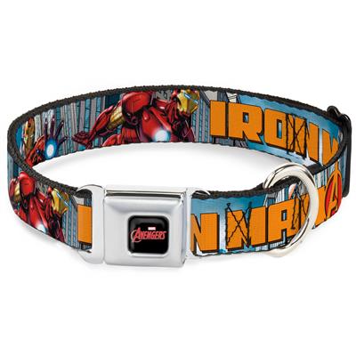 MARVEL AVENGERS Logo Full Color Black/Red/White Seatbelt Buckle Collar - IRON MAN w/Avengers Logo Cityscape