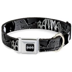 Batman Black/Silver Seatbelt Buckle Collar - BATMAN w/Bat Signals & Flying Bats Black/White