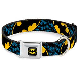 Batman Black/Yellow Seatbelt Buckle Collar - Bat Signals Stacked w/CLOSE-UP Blue/Black/Yellow
