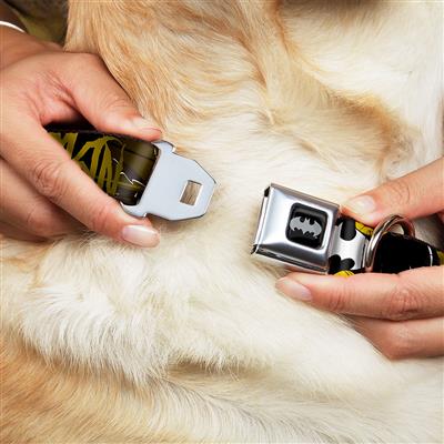 Batman Black/Yellow Seatbelt Buckle Collar - BATMAN w/Bat Signals & Flying Bats Yellow/Black/White