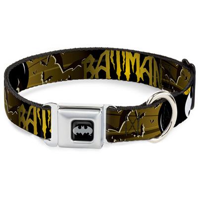 Batman Black/Yellow Seatbelt Buckle Collar - BATMAN w/Bat Signals & Flying Bats Yellow/Black/White