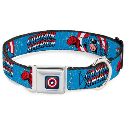 Captain America Shield Navy Seatbelt Buckle Collar - CAPTAIN AMERICA w/Action Pose Weathered Blue