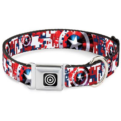 Captain America Shield Black/Silver Seatbelt Buckle Collar - Captain America Shield Digital Camo Blue/White/Red