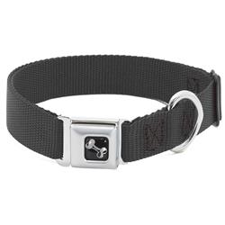 Dog Bone Black/Silver Seatbelt Buckle Collar - Black Nylon